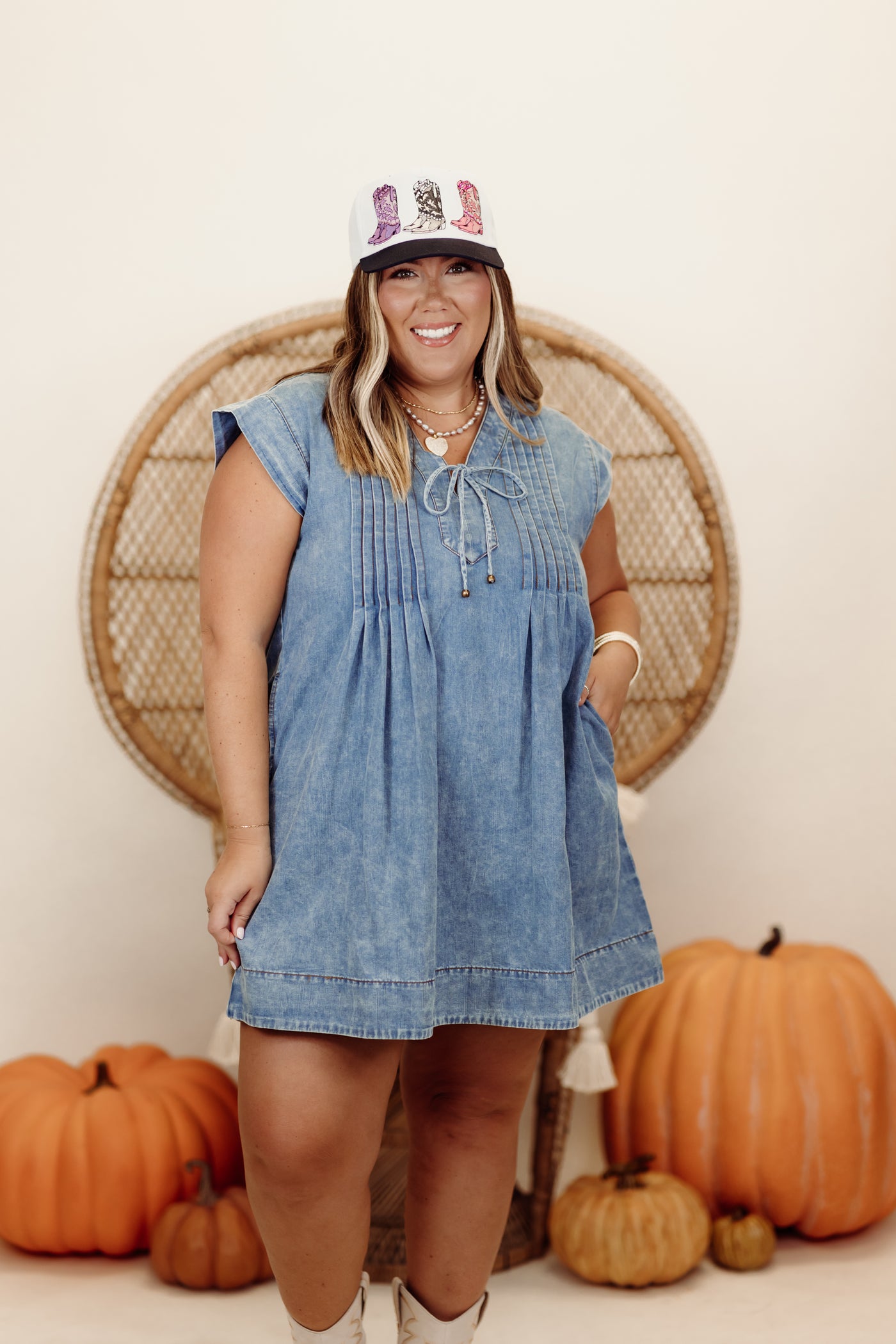 Denim Blue Short Sleeve Pintuck V-Neck Mini Dress