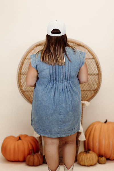 Denim Blue Short Sleeve Pintuck V-Neck Mini Dress