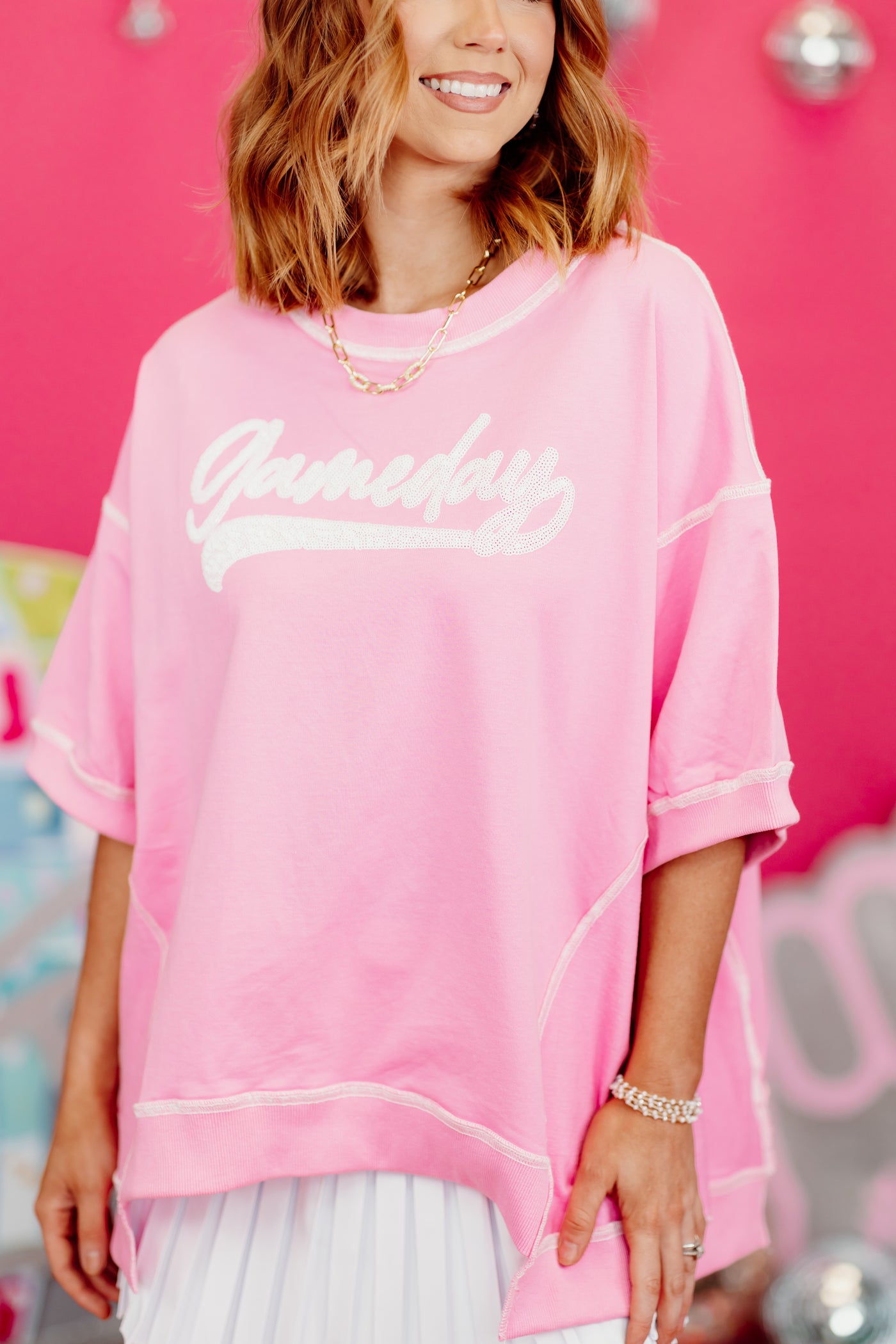 Light Pink Game Day Oversized Exposed Seam Top