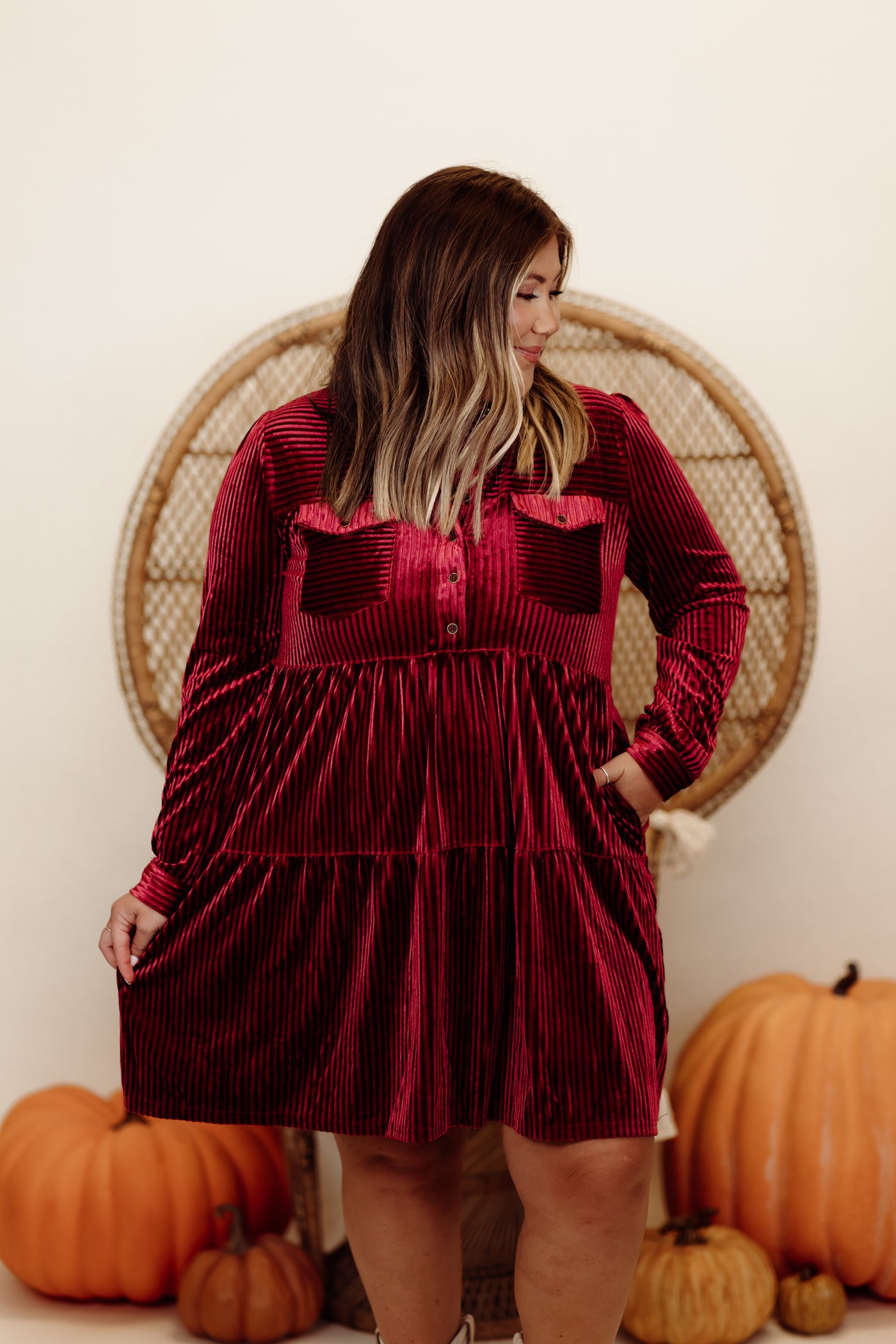 Berry Velvet Textured Collared Button Down Dress