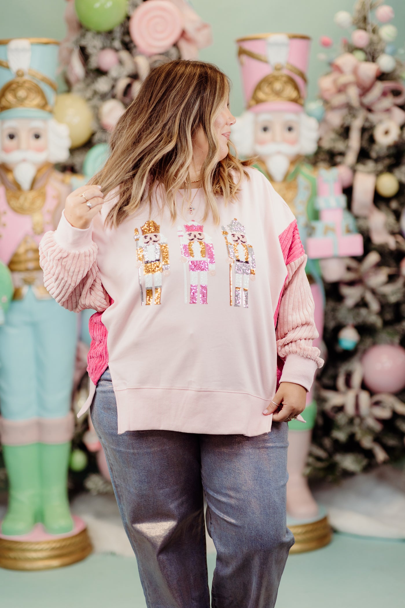 Dusty Pink and Berry Nutcracker Corduroy Sleeve Sweatshirt