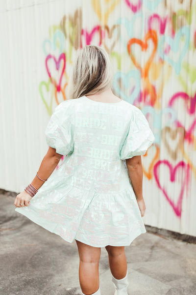 Queen Of Sparkles Mint Bride All Over Poof Sleeve Dress