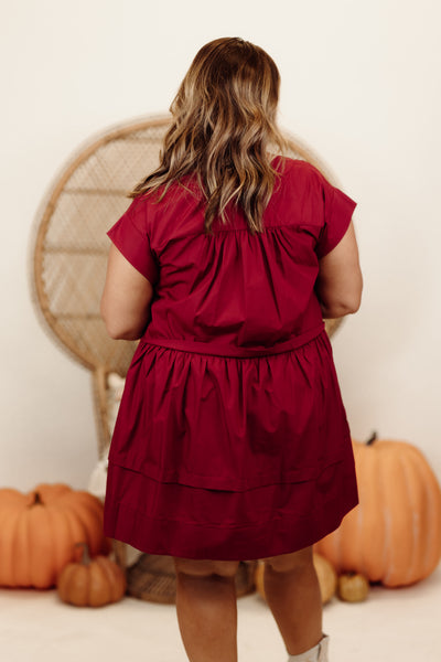 Crimson V-Neck Short Sleeve Button Detail Pleat Dress