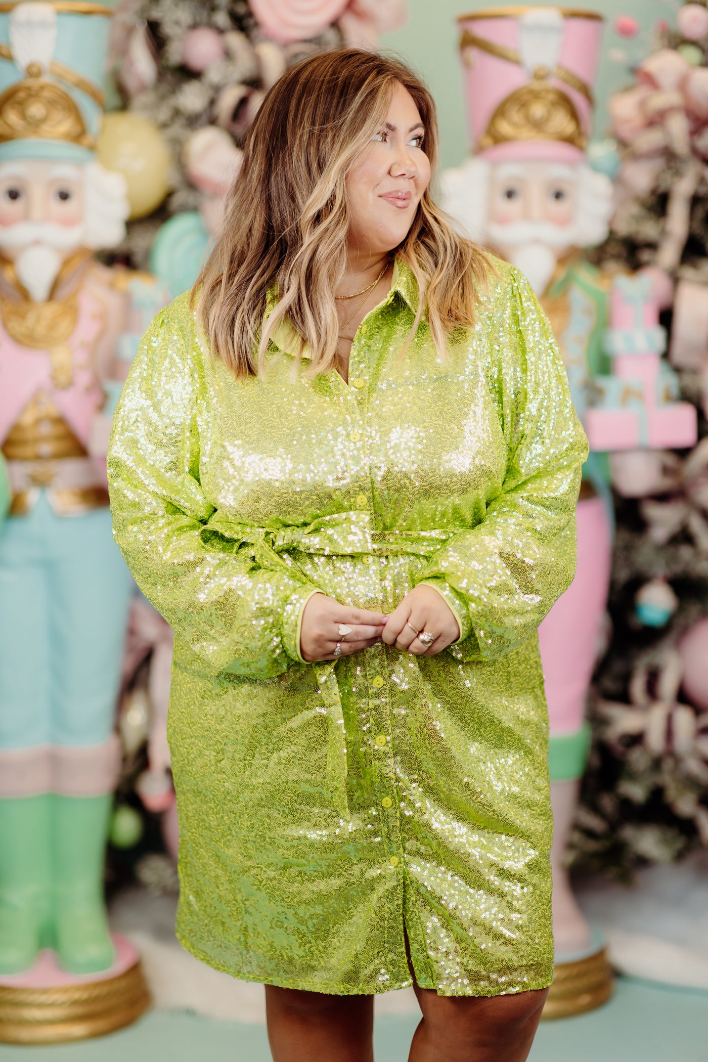 Yellow Green Collared Sequin Shirt Dress