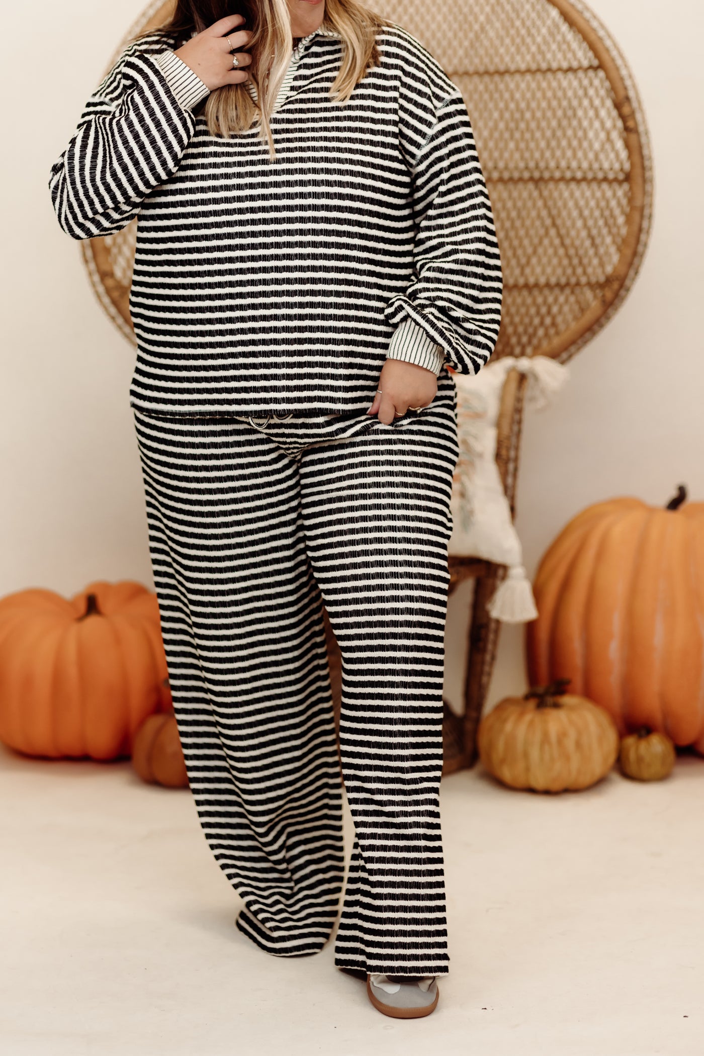 Black and Cream Striped Knit Pullover and Wide Leg Pant Set