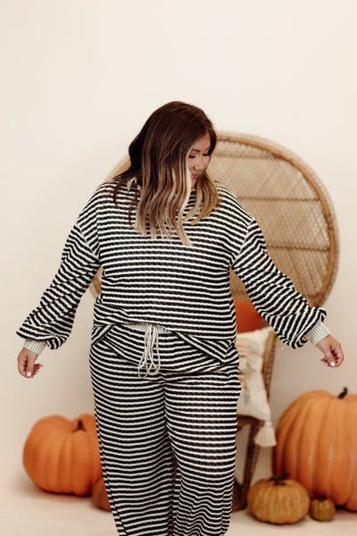 Black and Cream Striped Knit Pullover and Wide Leg Pant Set