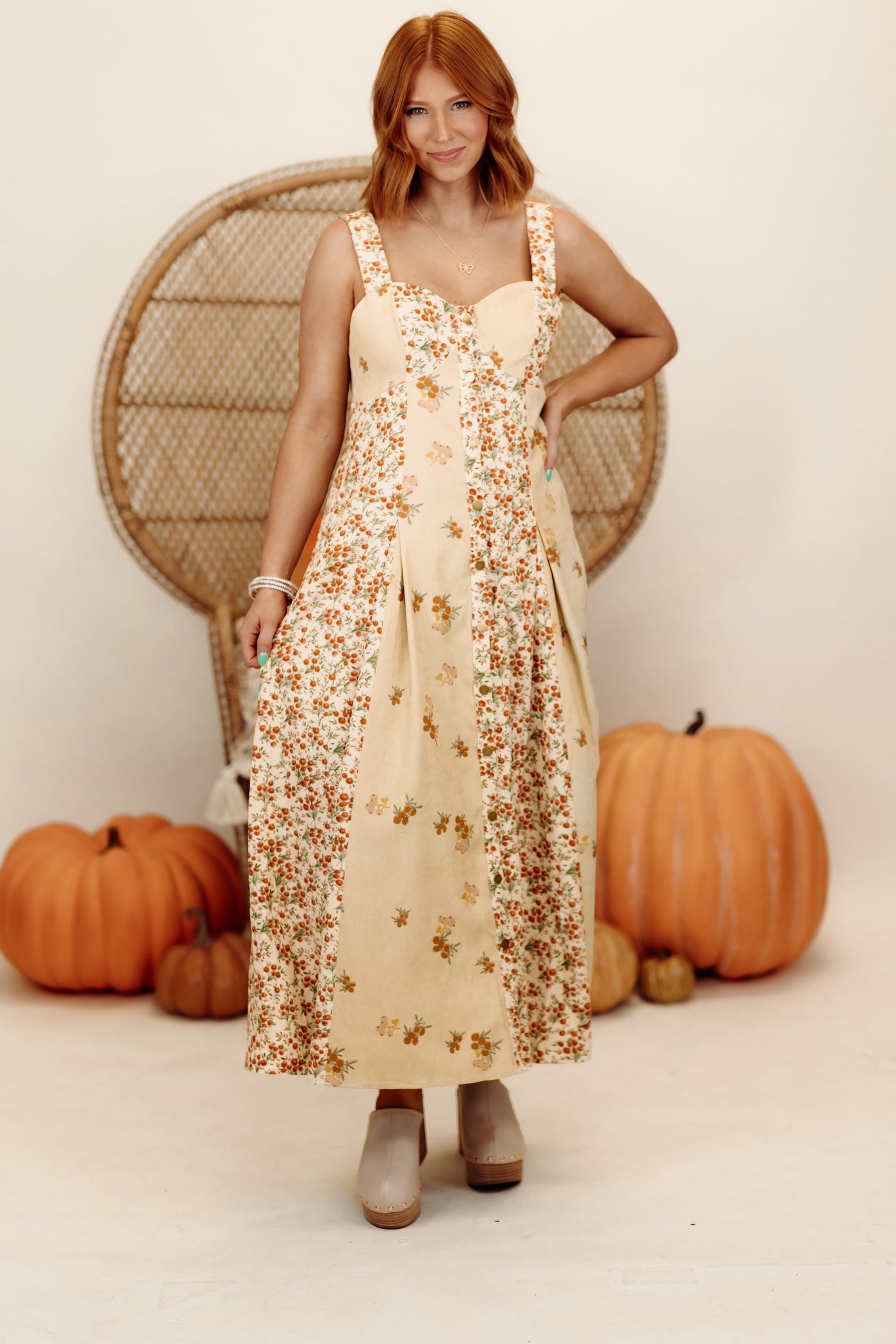 Golden Sand Floral Corduroy Midi Dress