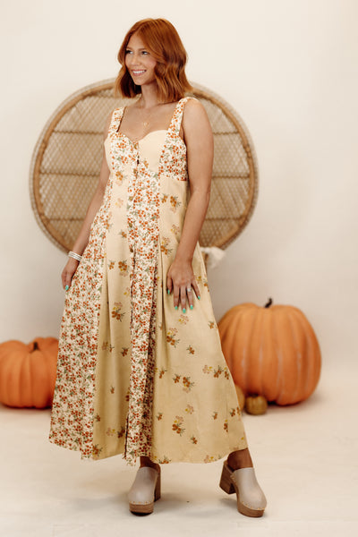 Golden Sand Floral Corduroy Midi Dress