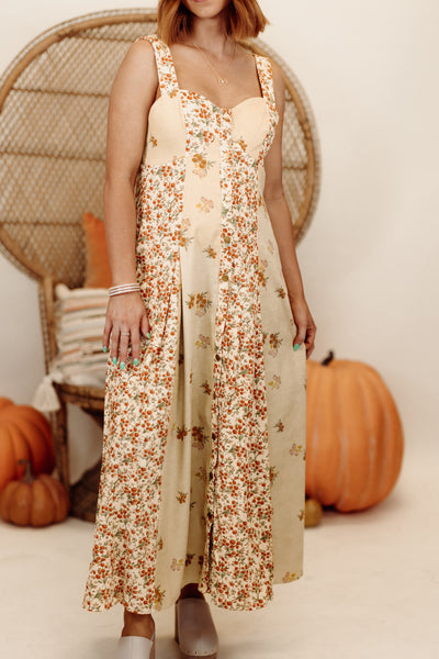 Golden Sand Floral Corduroy Midi Dress