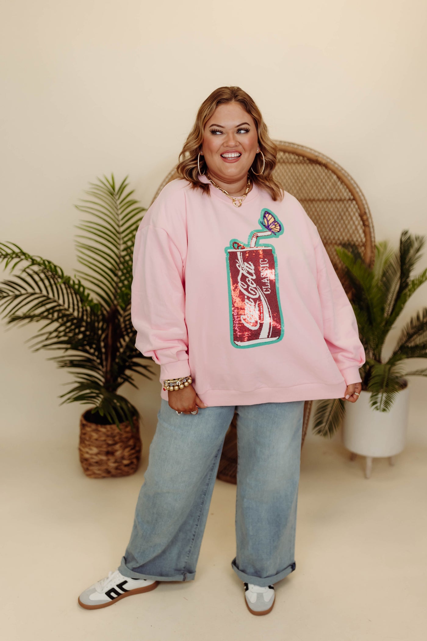 Queen Of Sparkles Light Pink Butterfly & Coca Cola Can Sweatshirt