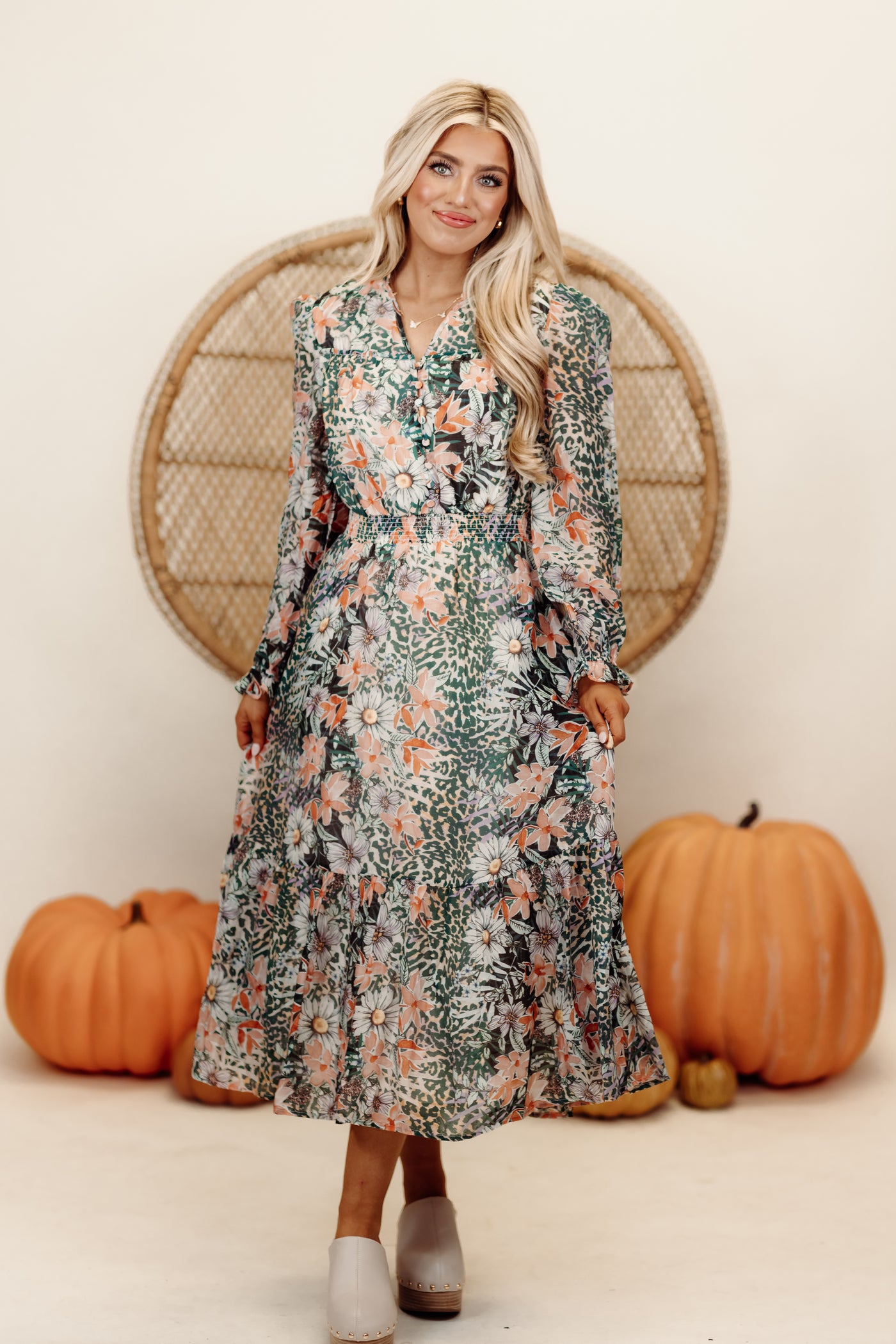 Green/Orange Multi Print Split Neck Midi Dress