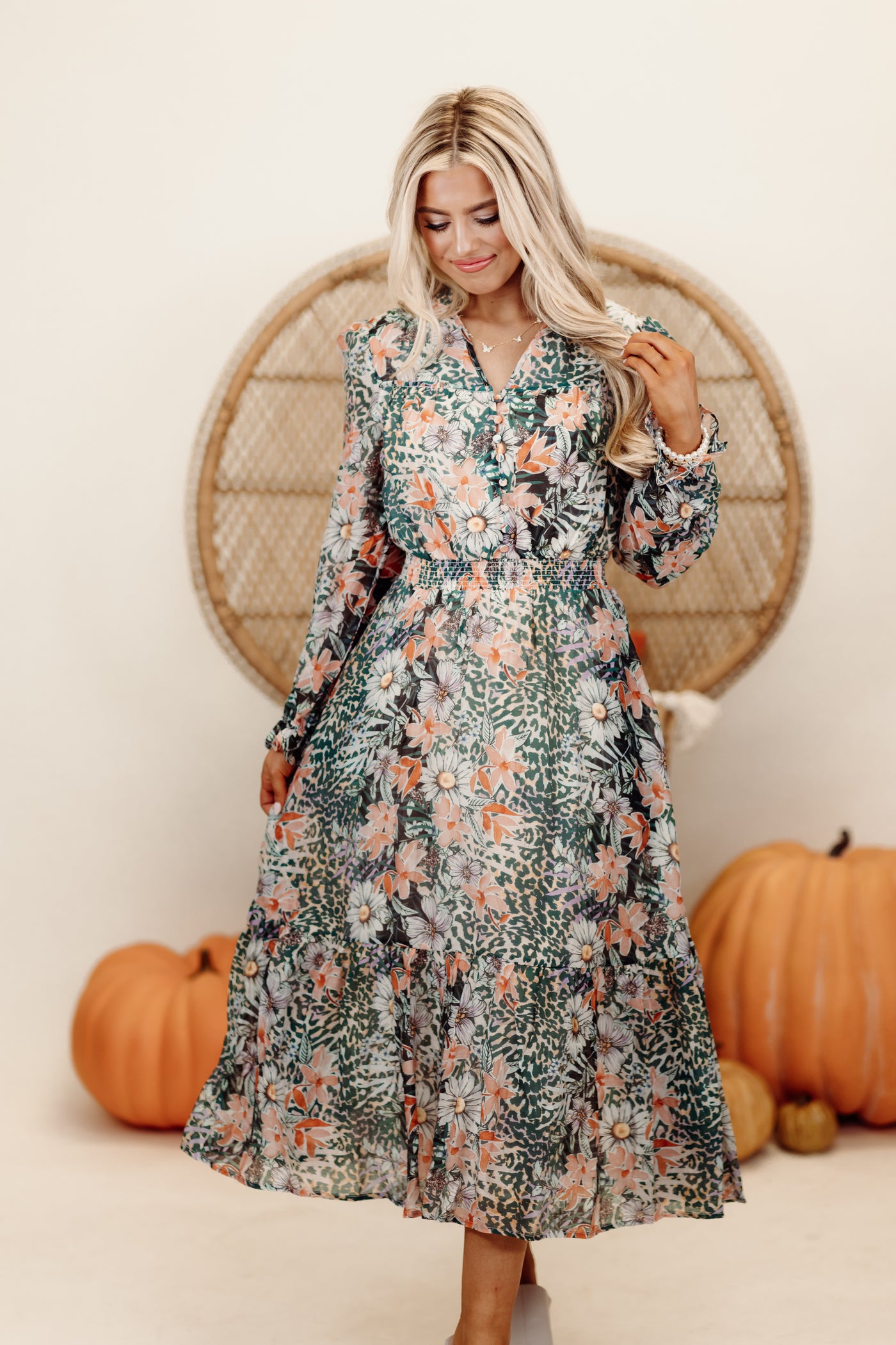 Green/Orange Multi Print Split Neck Midi Dress