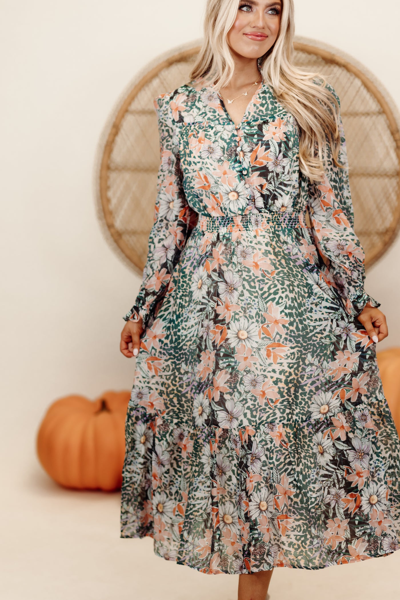 Green/Orange Multi Print Split Neck Midi Dress