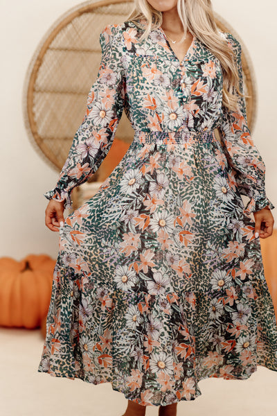 Green/Orange Multi Print Split Neck Midi Dress