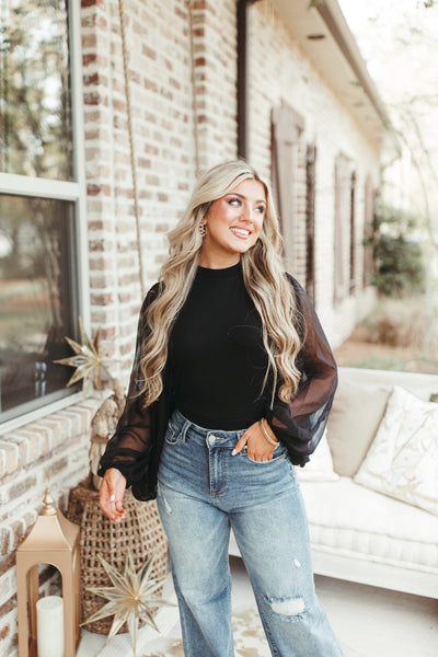 Sheer Oversized Sleeve Cropped Solid Blouse