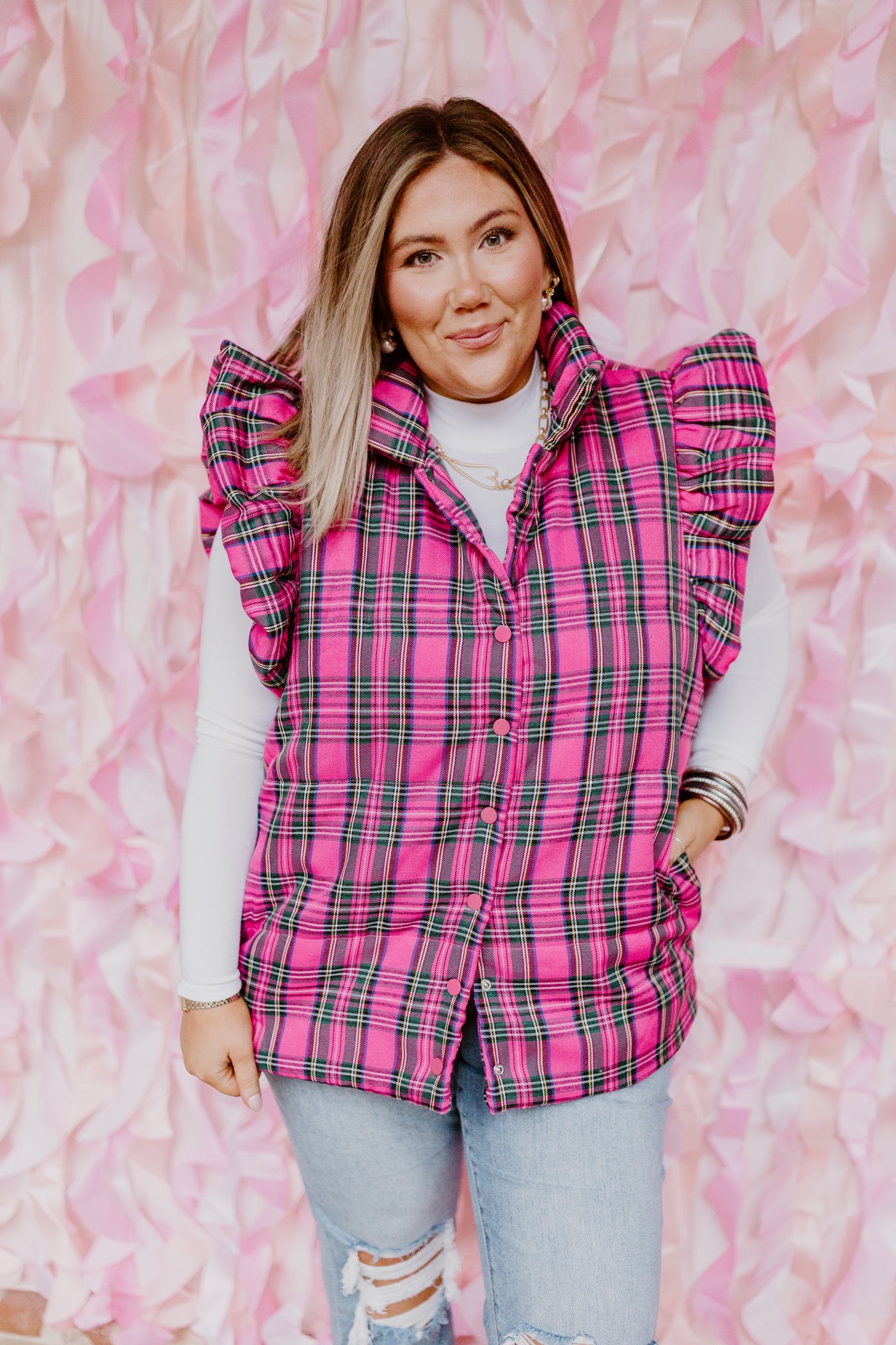 Pink Plaid Ruffle Sleeve Quilted Vest