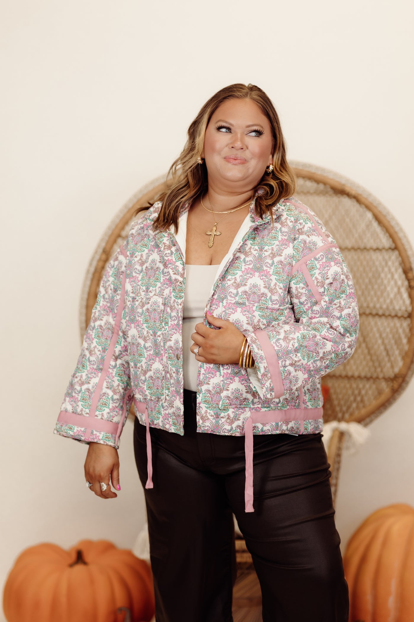 Pink Printed Long Sleeve Snap Button Jacket