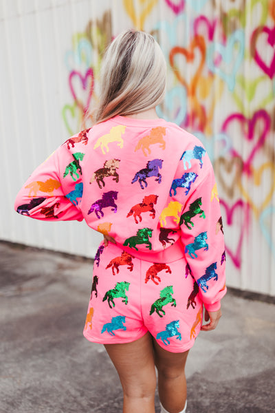 Queen Of Sparkles Neon Pink Multi Horse All Over Short