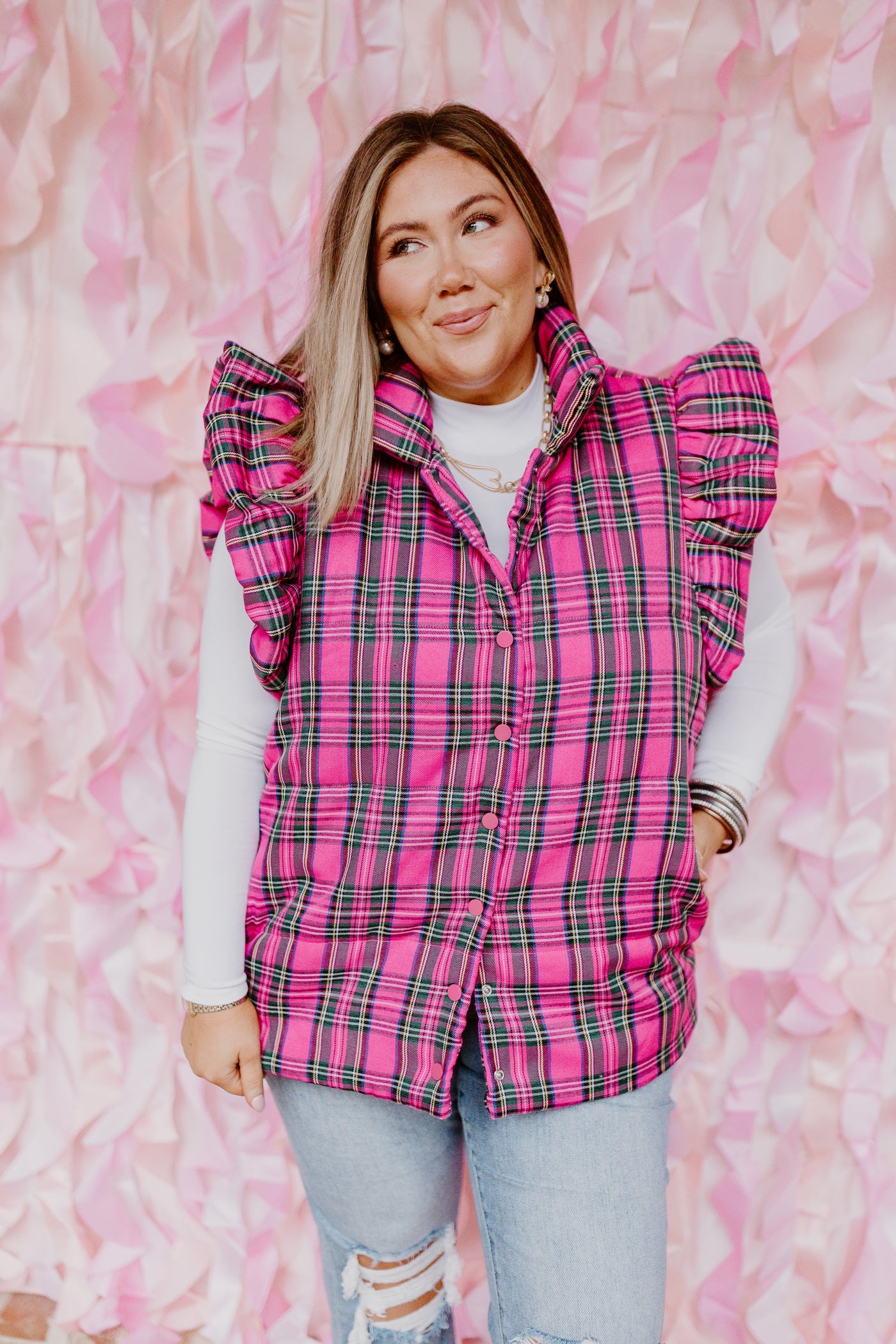 Pink Plaid Ruffle Sleeve Quilted Vest