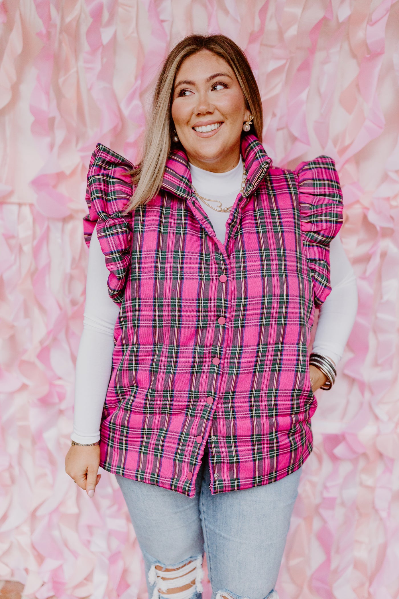 Pink Plaid Ruffle Sleeve Quilted Vest