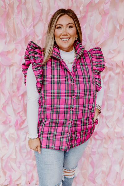 Pink Plaid Ruffle Sleeve Quilted Vest