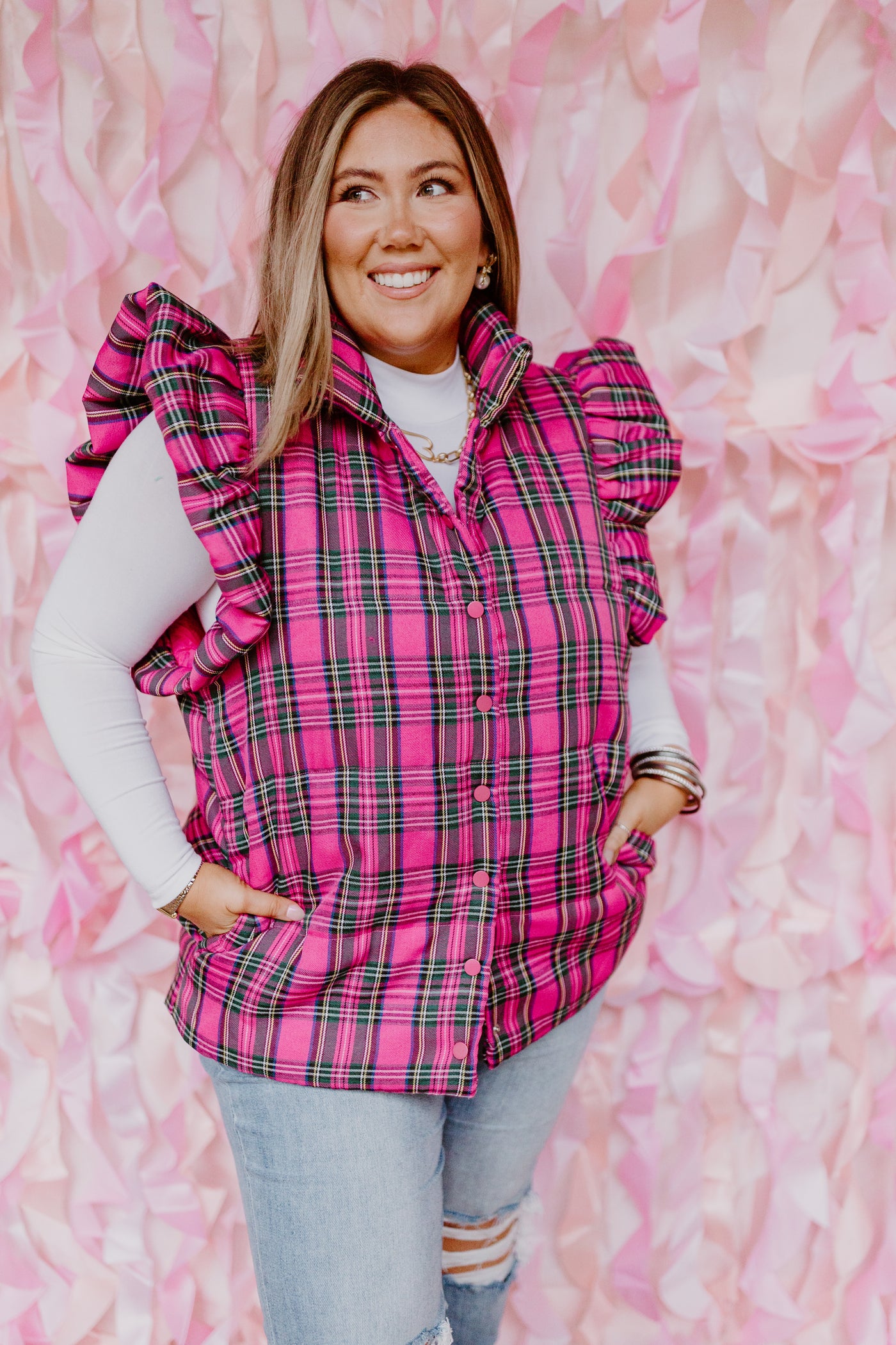 Pink Plaid Ruffle Sleeve Quilted Vest