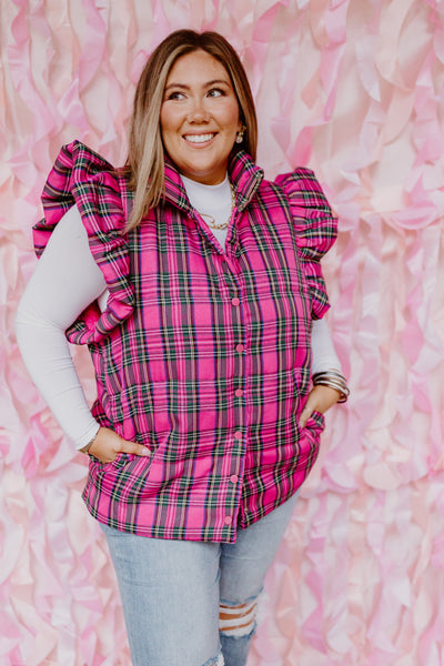 Pink Plaid Ruffle Sleeve Quilted Vest