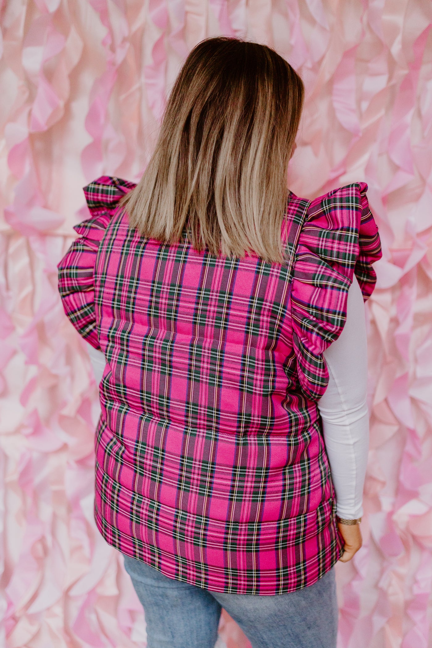 Pink Plaid Ruffle Sleeve Quilted Vest