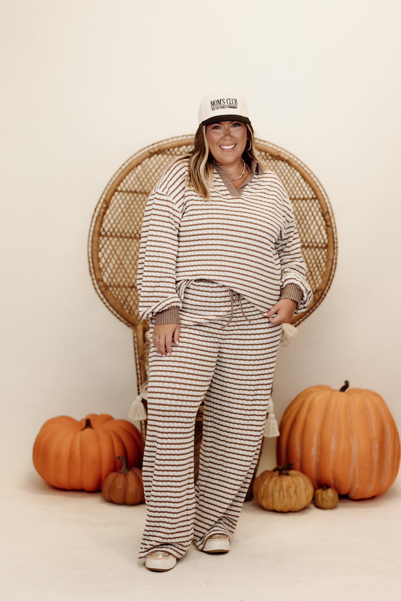 Brown and Cream Striped Knit Pullover and Wide Leg Pant Set