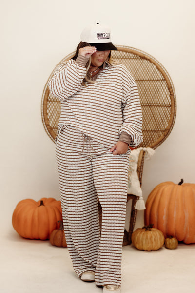 Brown and Cream Striped Knit Pullover and Wide Leg Pant Set