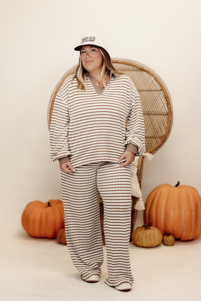 Brown and Cream Striped Knit Pullover and Wide Leg Pant Set