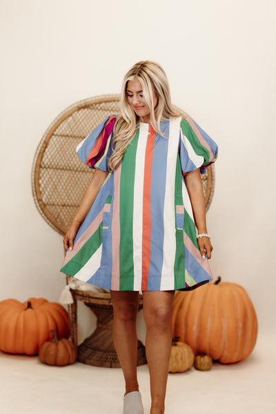 Denim Plum Striped Round Neck Puff Sleeve Dress