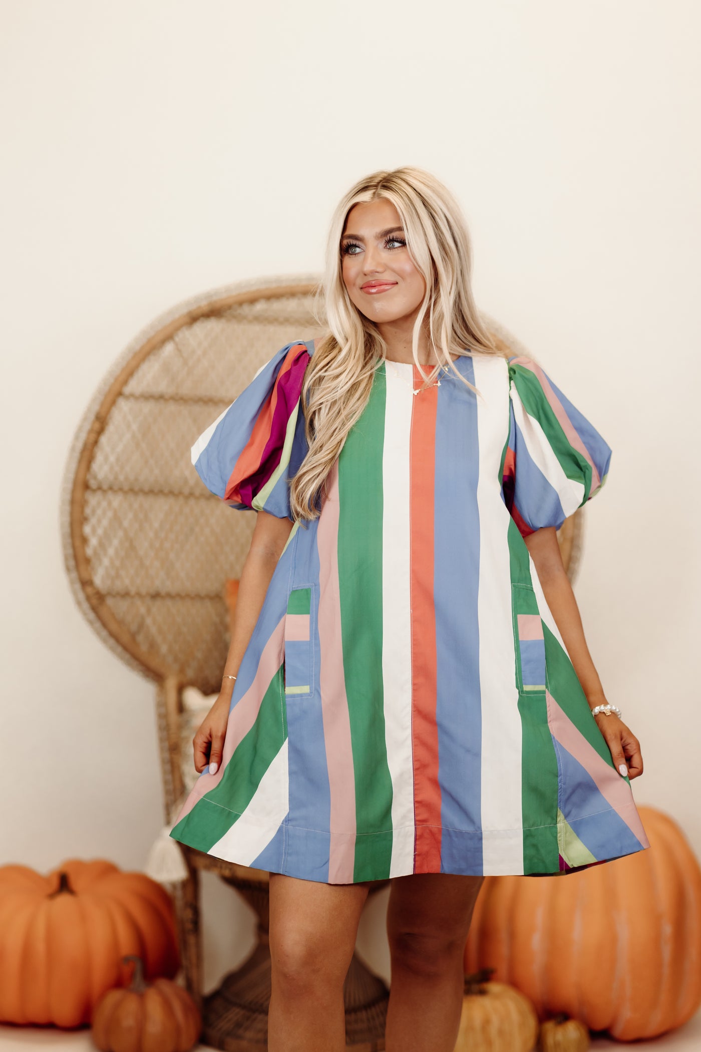 Denim Plum Striped Round Neck Puff Sleeve Dress