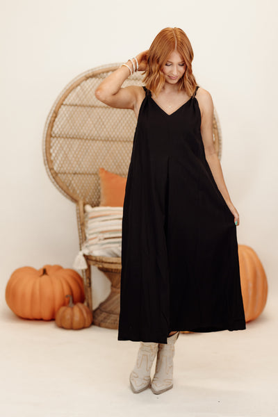 Black Loose Fit Knot Strap Midi Dress