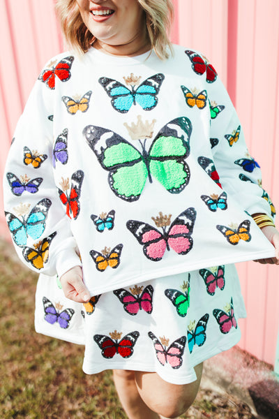 Queen Of Sparkles White Multi Butterfly Sweatshirt