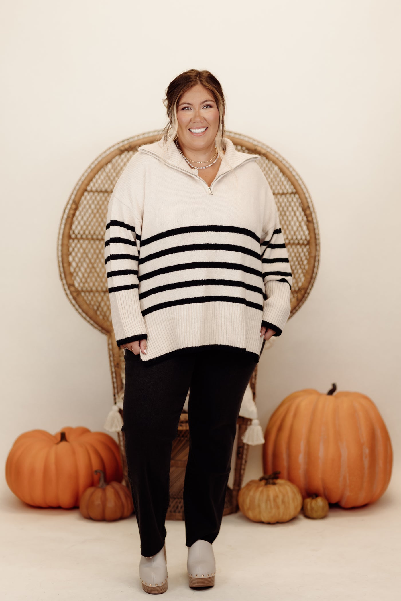 Cream and Black Striped Zipper Detail Long Sleeve Sweater