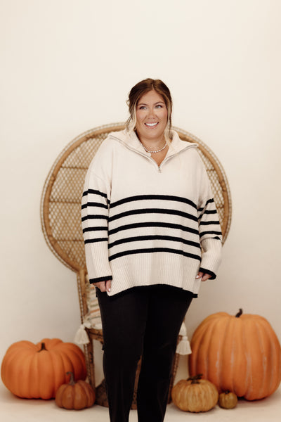 Cream and Black Striped Zipper Detail Long Sleeve Sweater