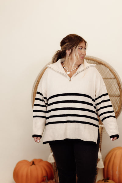 Cream and Black Striped Zipper Detail Long Sleeve Sweater