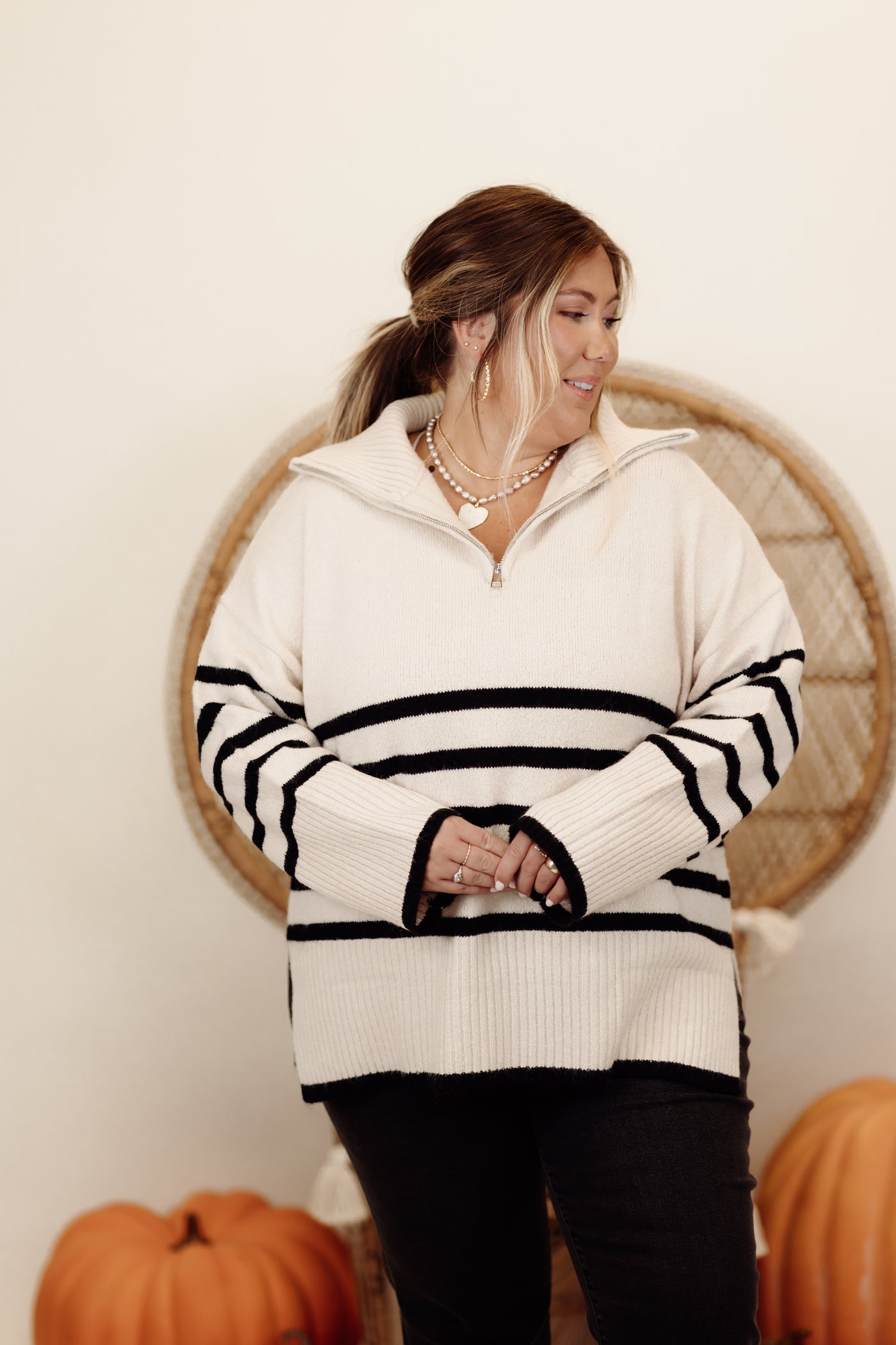 Cream and Black Striped Zipper Detail Long Sleeve Sweater