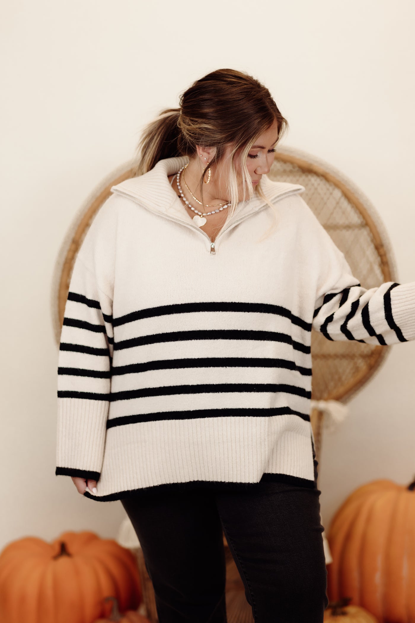 Cream and Black Striped Zipper Detail Long Sleeve Sweater