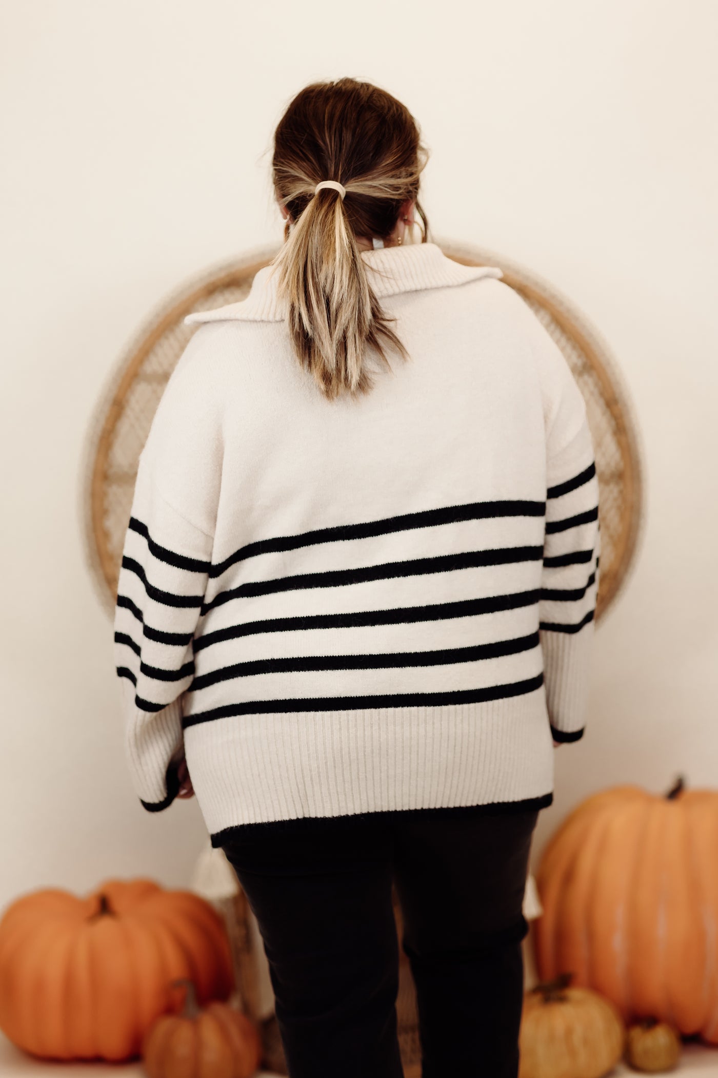 Cream and Black Striped Zipper Detail Long Sleeve Sweater