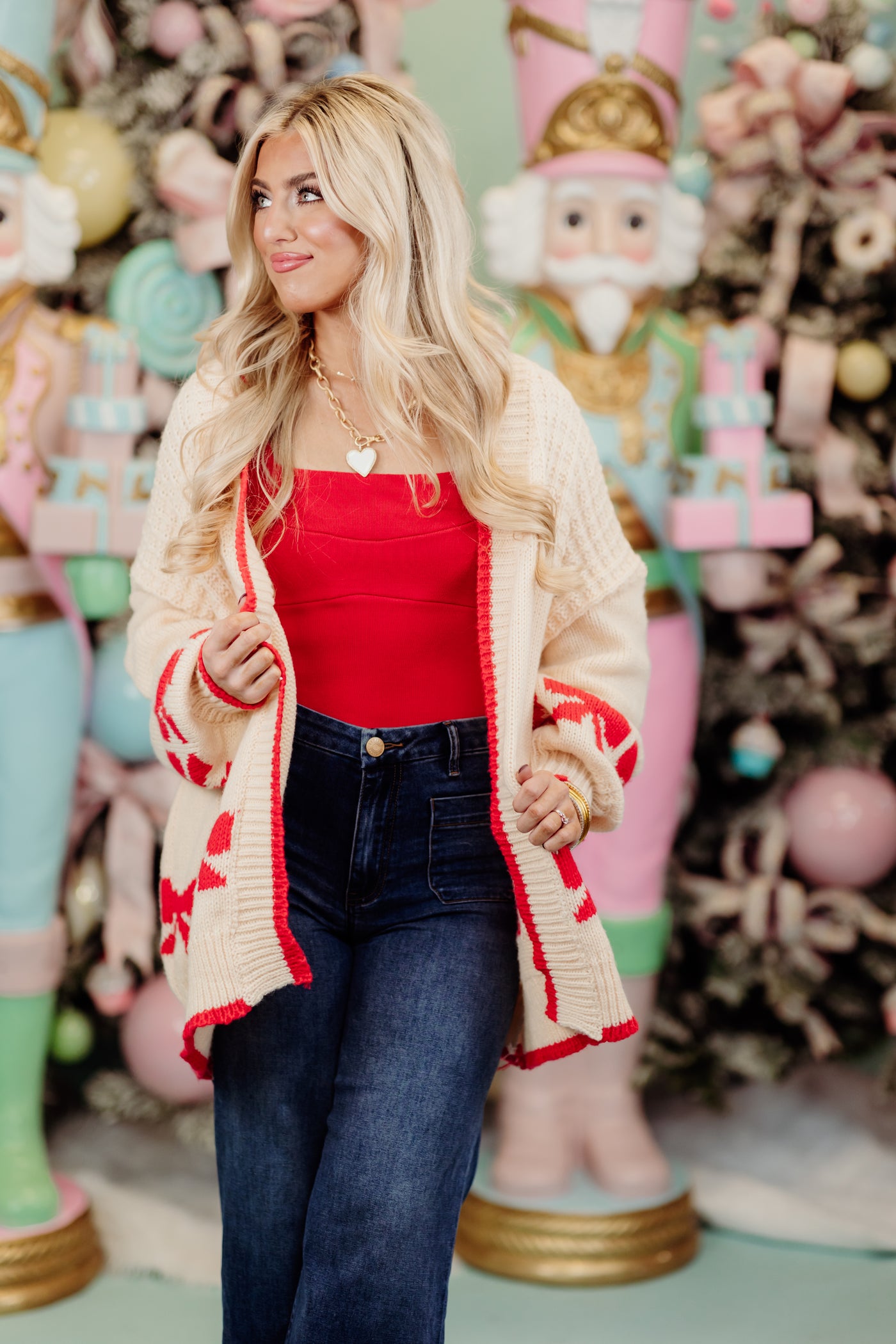 Cream and Red Bow Detail Cardigan