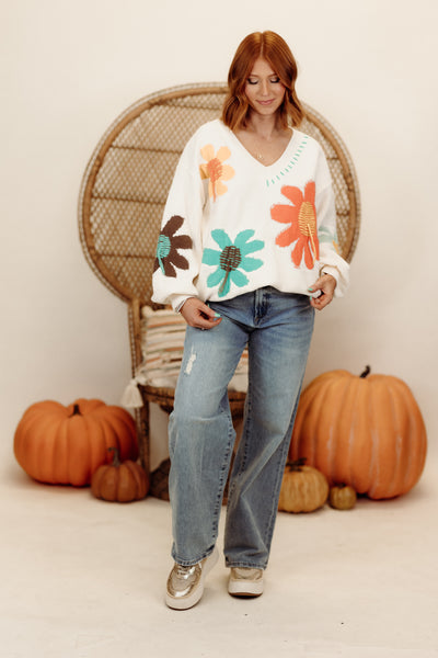 Ivory Multi Floral Oversized Comfy Sweater