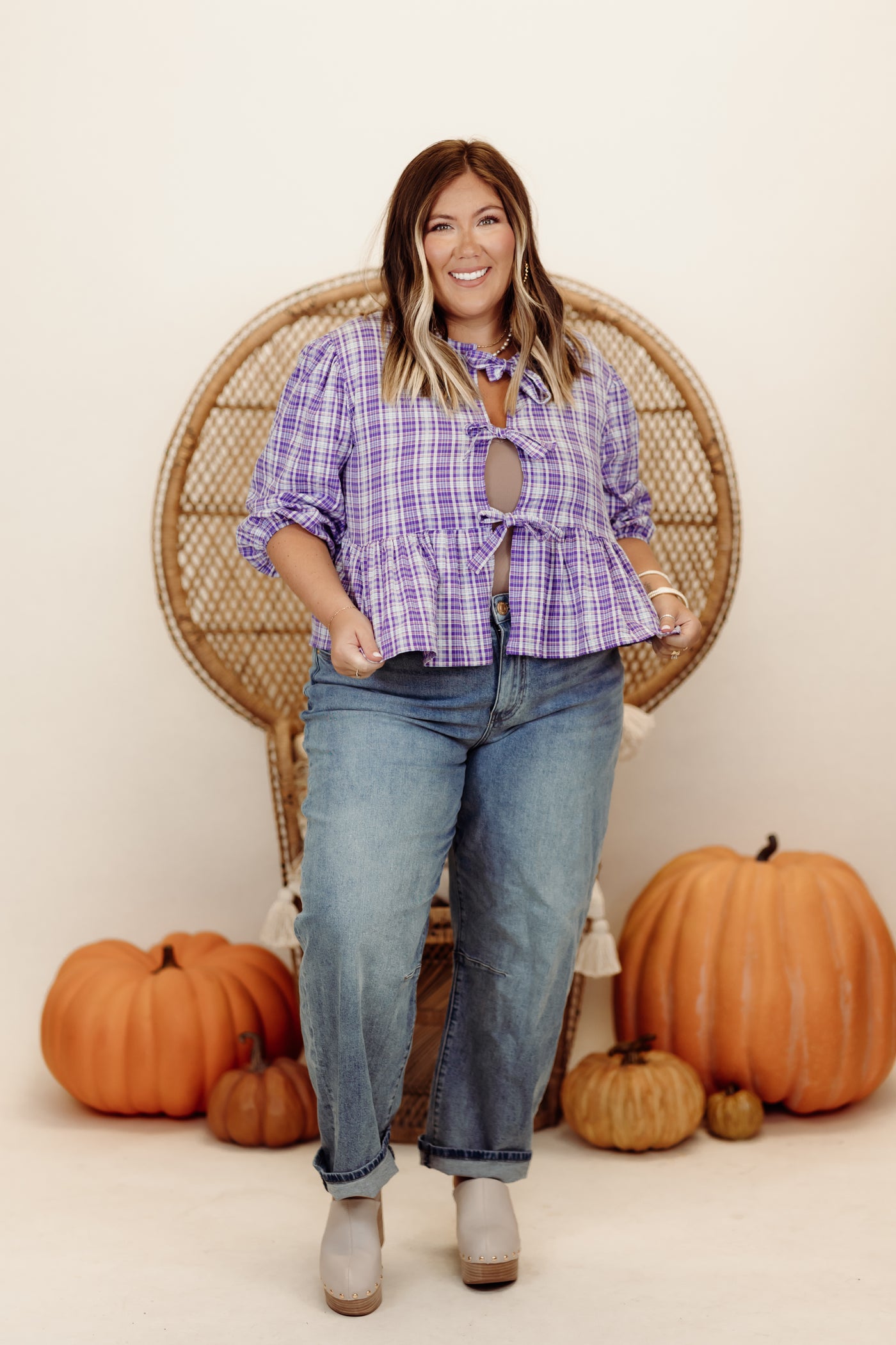 Lavender Plaid Bow Detail Half Sleeve Top