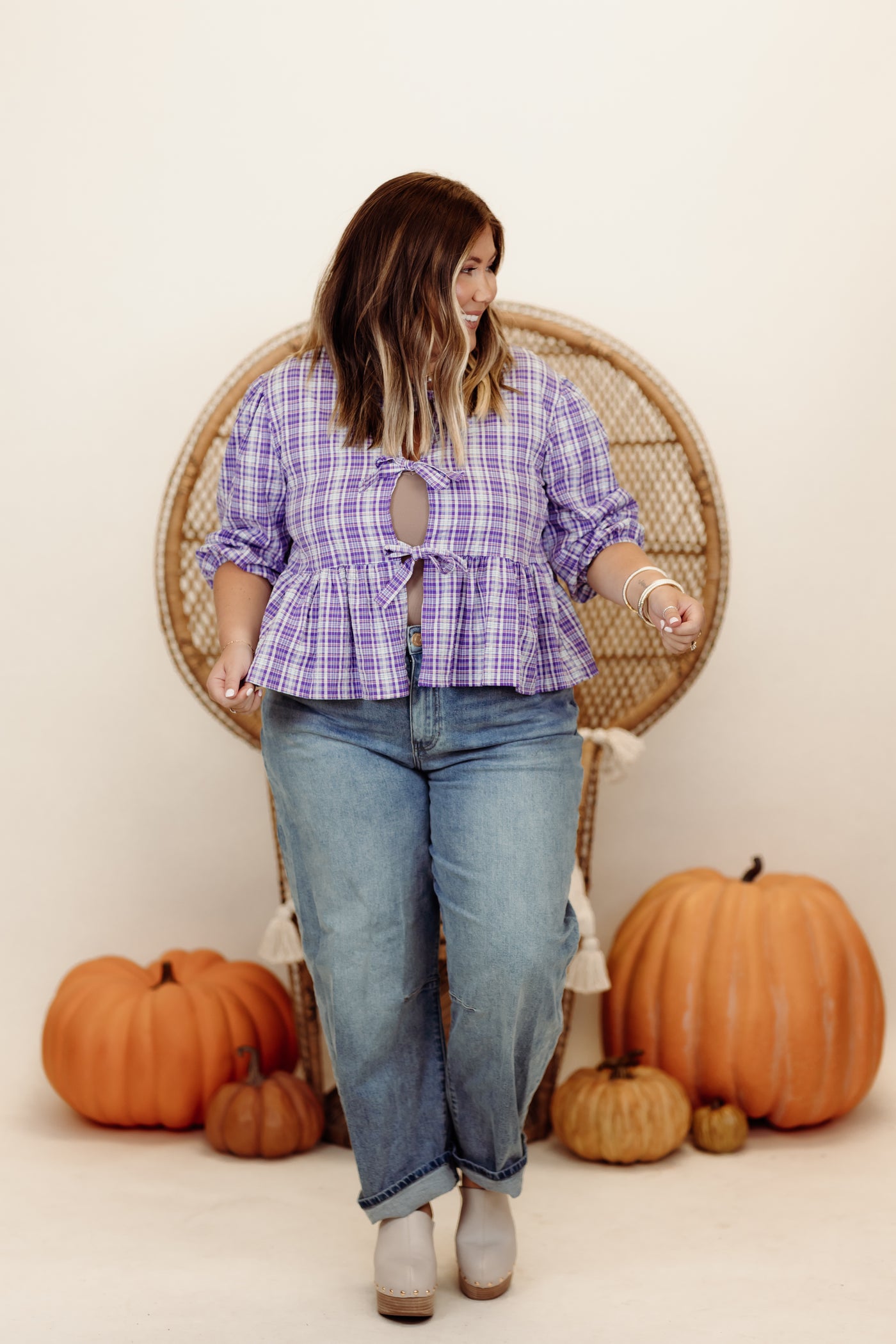 Lavender Plaid Bow Detail Half Sleeve Top