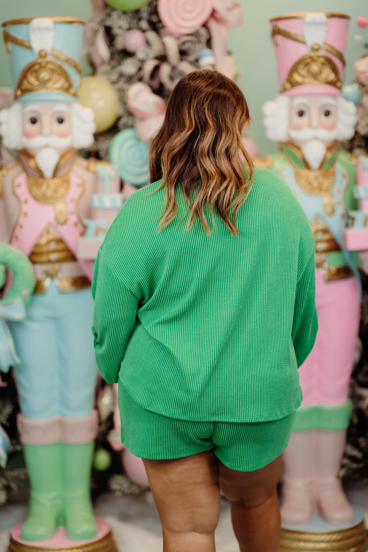 Kelly Green Ribbed Loose Fit Long Sleeve Top and Short Set