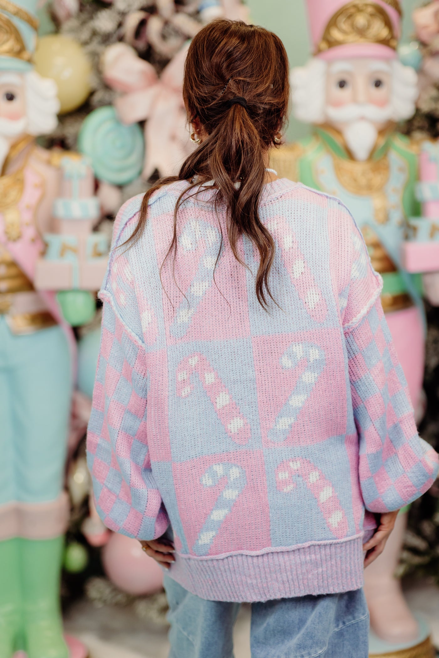 Light Pink Checkered Candy Cane Oversized Sweater