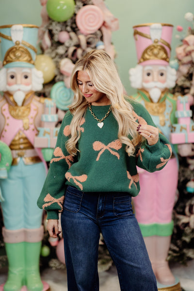 Teal and Coral  Round Neck Balloon Sleeve Bow Sweater