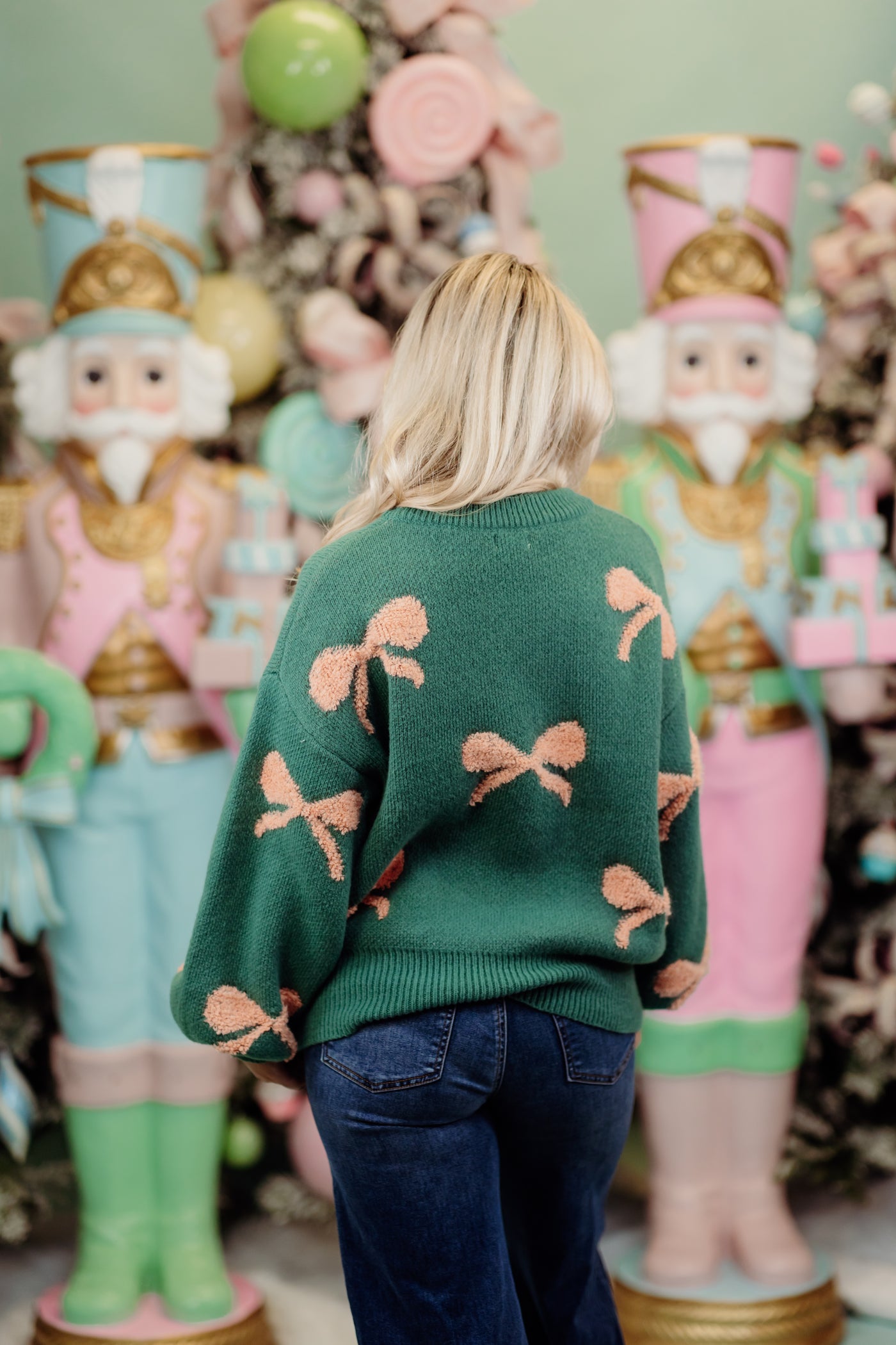 Teal and Coral  Round Neck Balloon Sleeve Bow Sweater