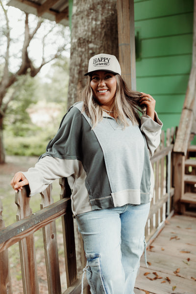 Heather Grey Combo Notch Neck Long Sleeve Top